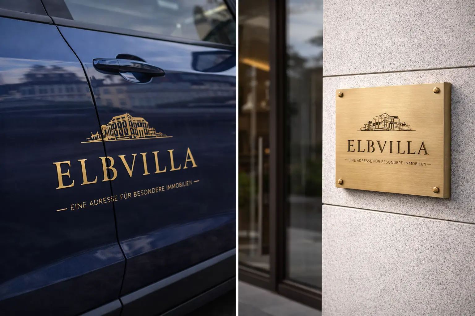 Elbvilla als Goldschrift auf einer Fahrzeugtür und als Messingschild an einer Steinfassade
